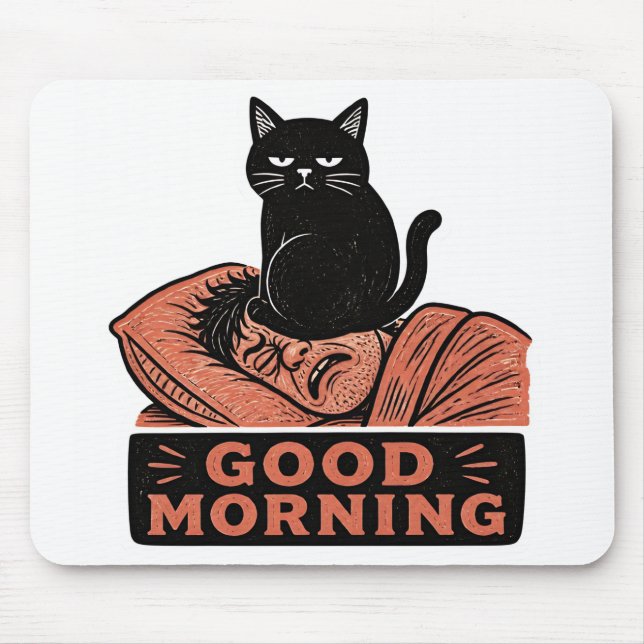 Tapis De Souris Linogravure Chat Noir Sarcasique Mème Bonjour (Devant)