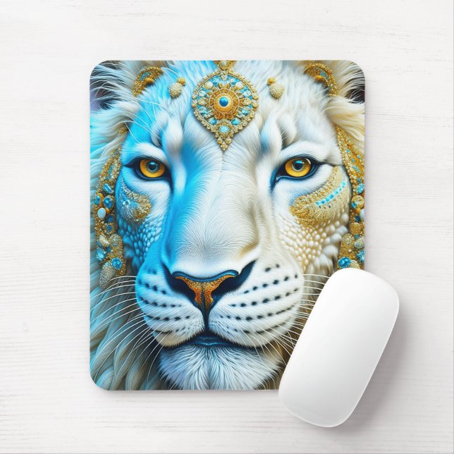 Tapis De Souris Lion blanc et or majestueux (Avec souris)