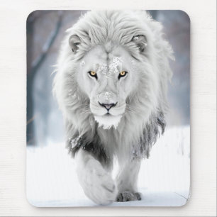 Tapis De Souris Lion blanc majestueux en hiver Wonderland Design