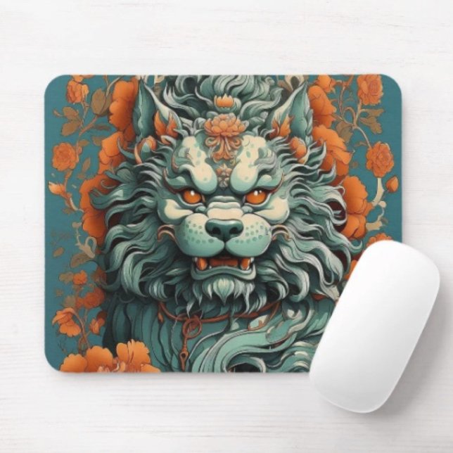 Tapis De Souris Lion de la sagesse de la grippe  (Asian Lion Head mouse pad durable dust and stain resistant.  9.25"l x 7.75"w. Non-slip rubber.)