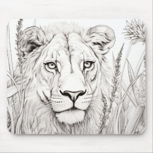 Tapis De Souris Lion Nature paisible Prairie Sketch Style de dessi