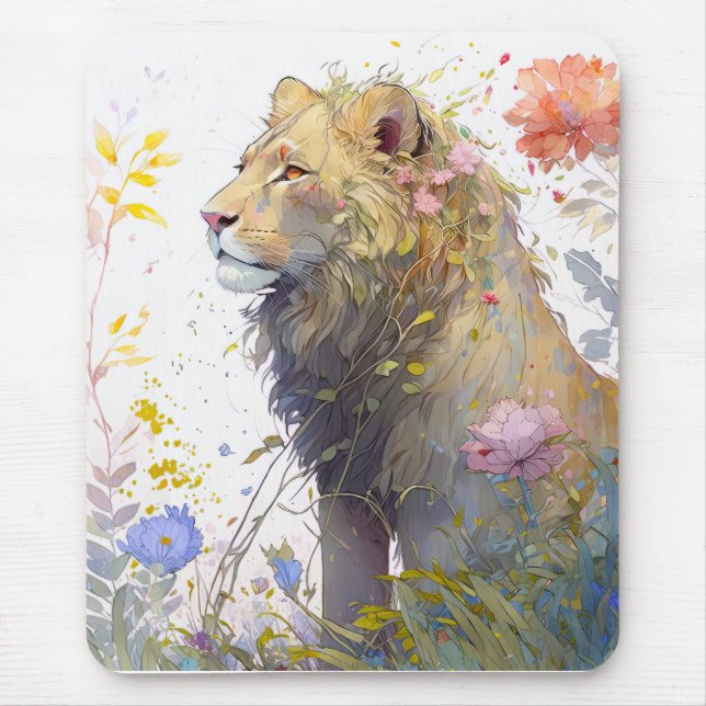 Tapis De Souris Lion Portrait Animal Peinture Forêt faunique (Devant)