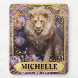 Tapis De Souris Lion romantique et roses violettes Fantaisie