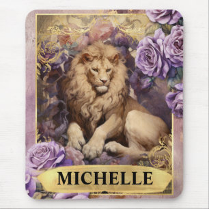 Tapis De Souris Lion romantique et roses violettes Fantaisie