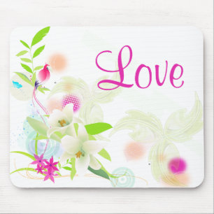 Tapis De Souris Lis Blancs & Fleurs Violettes Amour Floral