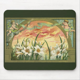Tapis De Souris Lis de Pâques vintage au lever du soleil et anges