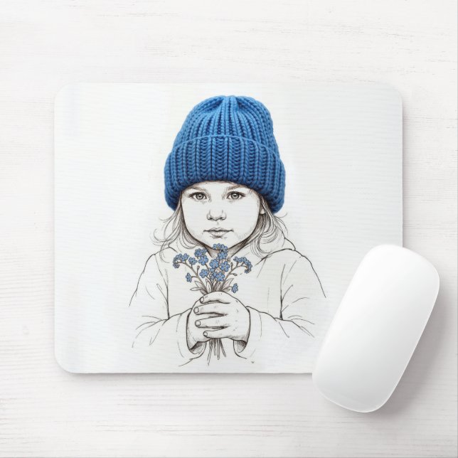 Tapis De Souris Little Girl In Blue Hat with Forget-me-not Flowers (Avec souris)