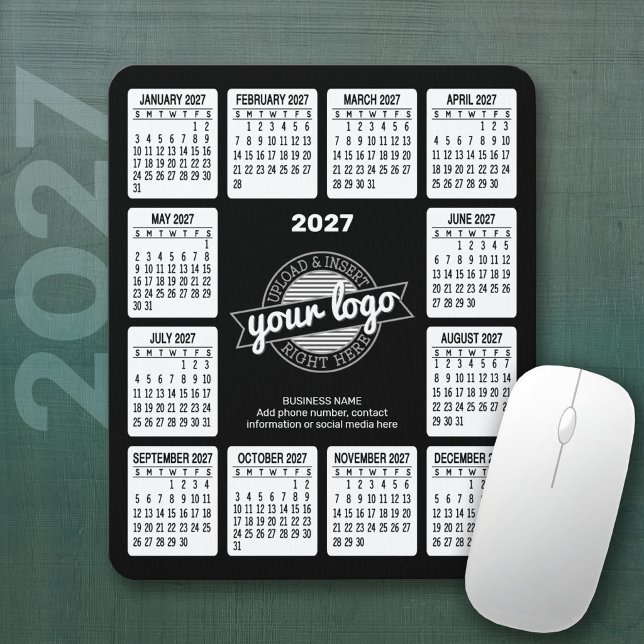 Tapis De Souris logo Calendrier 2027 Coordonnées Noir Blanc (2027 Calendar Mousepad)