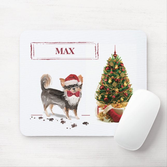 Tapis De Souris Long Haired Chihuahua Funny Christmas Dog Tree (Avec souris)