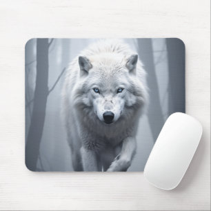 Tapis De Souris Loup blanc dans la forêt de Foggy