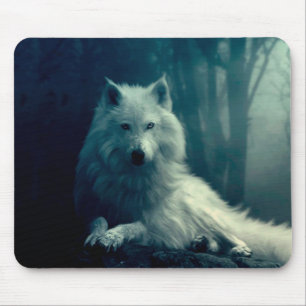 Tapis De Souris Loup blanc dans la forêt nocturne