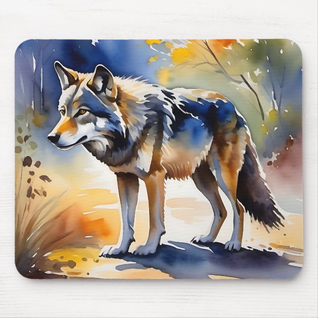 Tapis De Souris Loup dans une aquarelle de forêt (Devant)