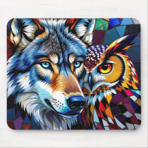 Tapis De Souris Loup et Hibou Vibrants et Colorés