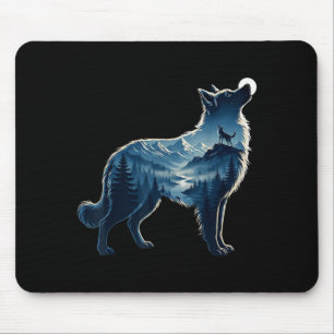 Tapis De Souris Loup forêt de montagne éclairée par la lune exposi