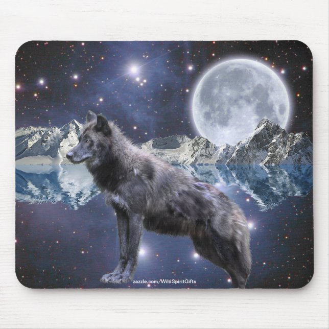 Tapis De Souris Loup gris et Imaginaire lune Art amoureux de la fa (Devant)