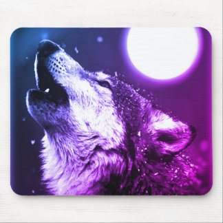 Tapis De Souris Loup hurle à la lune dans la nuit bleue