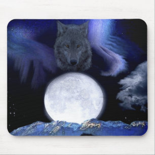 Tapis De Souris Loup, lune et montagnes
