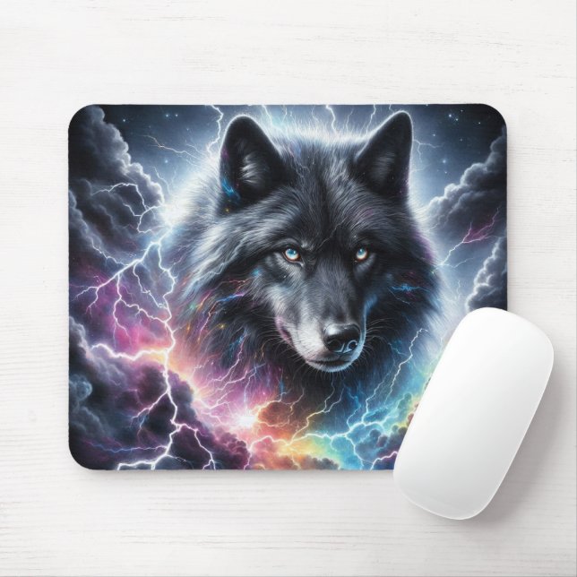 Tapis De Souris Loup noir avec éclair (Avec souris)