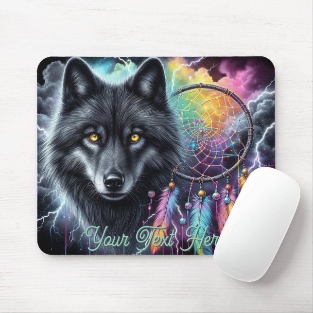 Tapis De Souris Loup noir avec un catcheur de rêves (Avec souris)