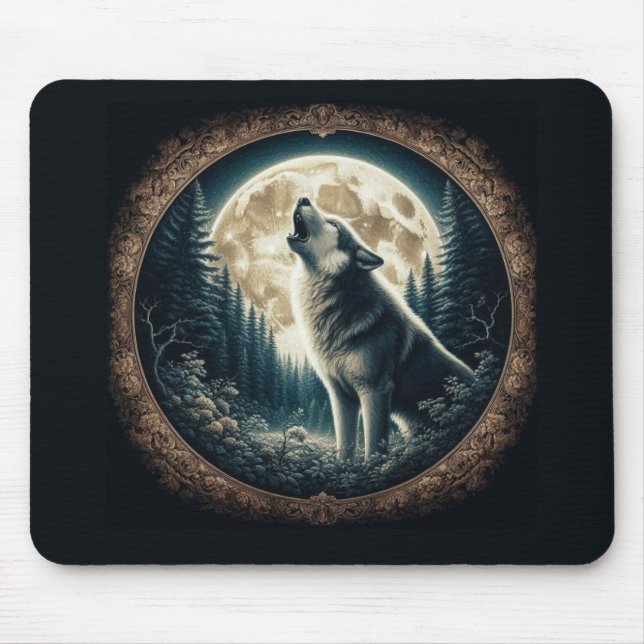 Tapis De Souris Loup vintage et lune classique (Devant)