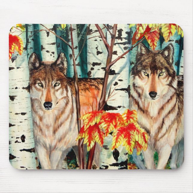 Tapis De Souris Loups de bois de couleur d'automne (Devant)