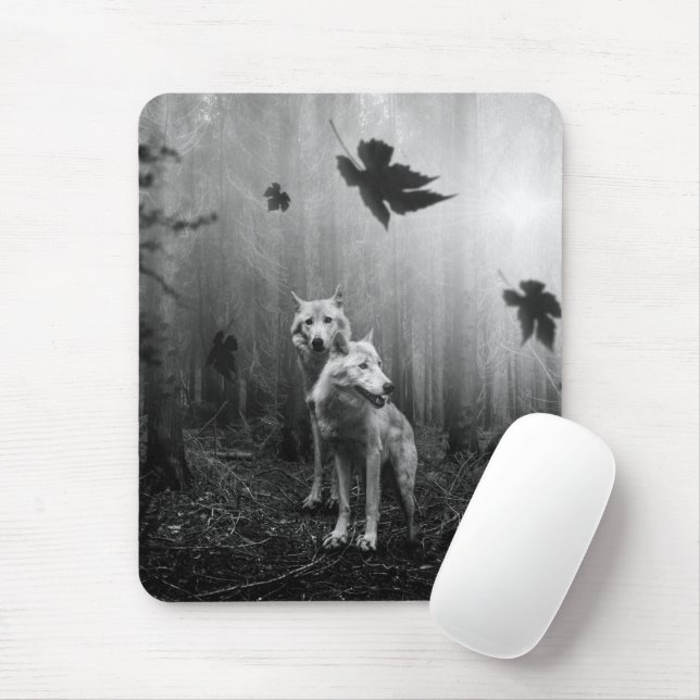 Tapis De Souris Loups merveilleux Noir et Blanc Leaf nous seul (Avec souris)