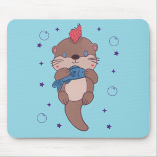 Tapis De Souris Loutre de mer punk rock avec poisson Art animal