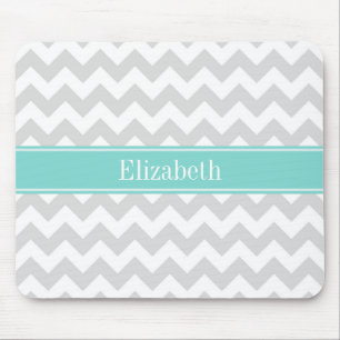 Tapis De Souris Lt Gray Wht Chevron Aqua Turquoise Nom monogram