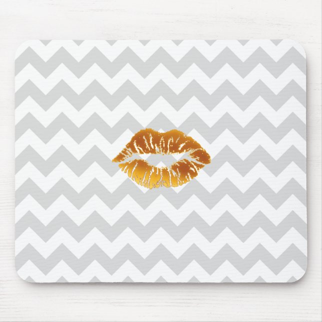 Tapis De Souris Lt Grey Blanc Chevron, Gold Lipstick Kiss (Devant)
