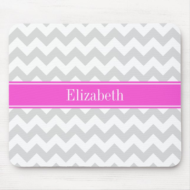Tapis De Souris Lt Grey Blanc Chevron Hot Pink Nom Monogramme (Devant)