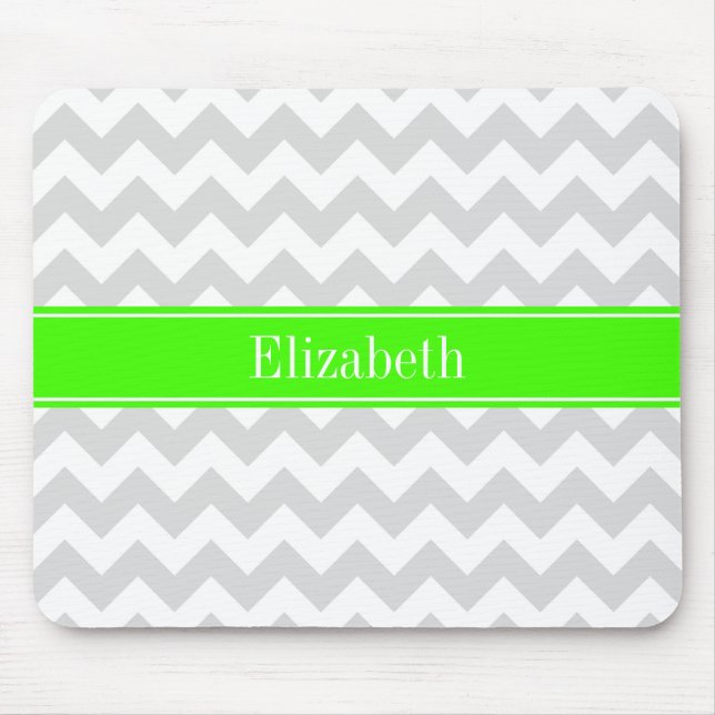 Tapis De Souris Lt Grey Blanc Chevron Lime Vert Nom Monogramme (Devant)