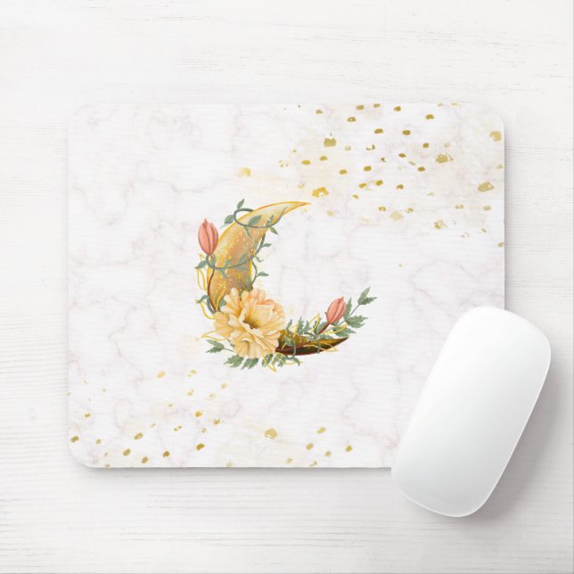 Tapis De Souris Lune florale, Graphique beige et jaune (Avec souris)