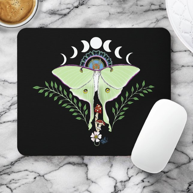Tapis De Souris Lune Papillon Éthéré Vert Mystique Céleste (Créateur téléchargé)
