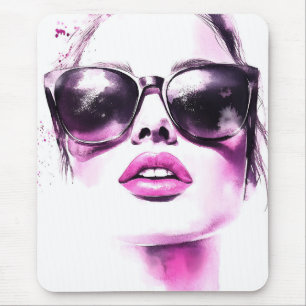 Tapis De Souris Lunettes de soleil femme mode aquarelle rose chic