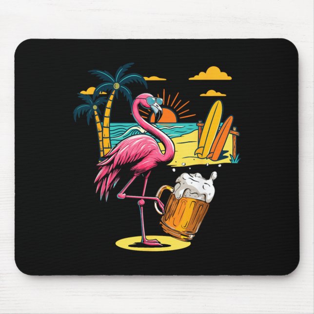 Tapis De Souris Lunettes de soleil flamant rose buvant de la bière (Devant)