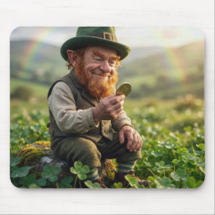 Tapis De Souris Lutin Irlandais Admirant une Pièce d'Or