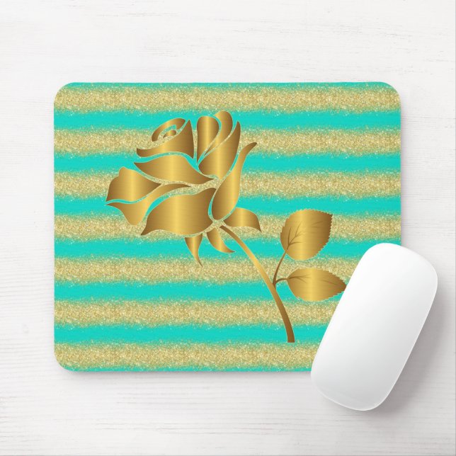 Tapis De Souris Luxueux Floral Turquoise Gold Parties scintillant  (Avec souris)