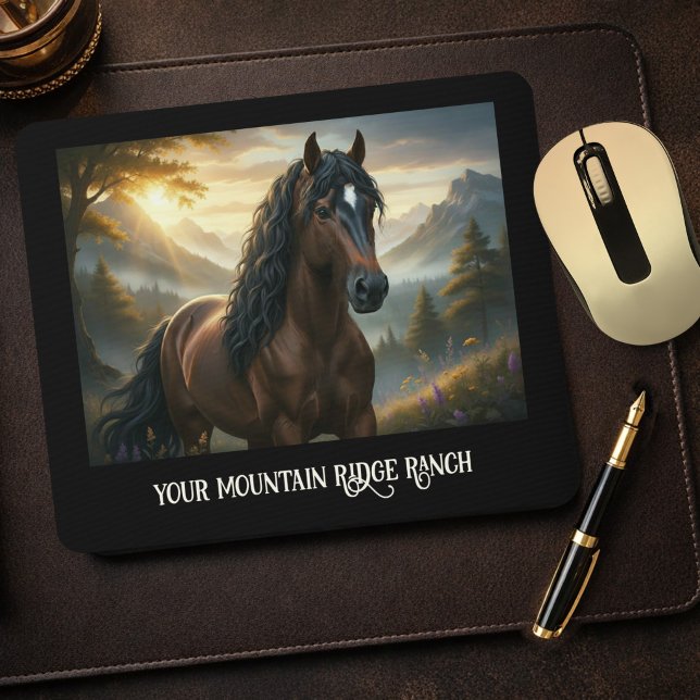 Tapis De Souris m (Equestrian mouse pad featuring a unique painting of a horse in a mountain landscape at sunset)