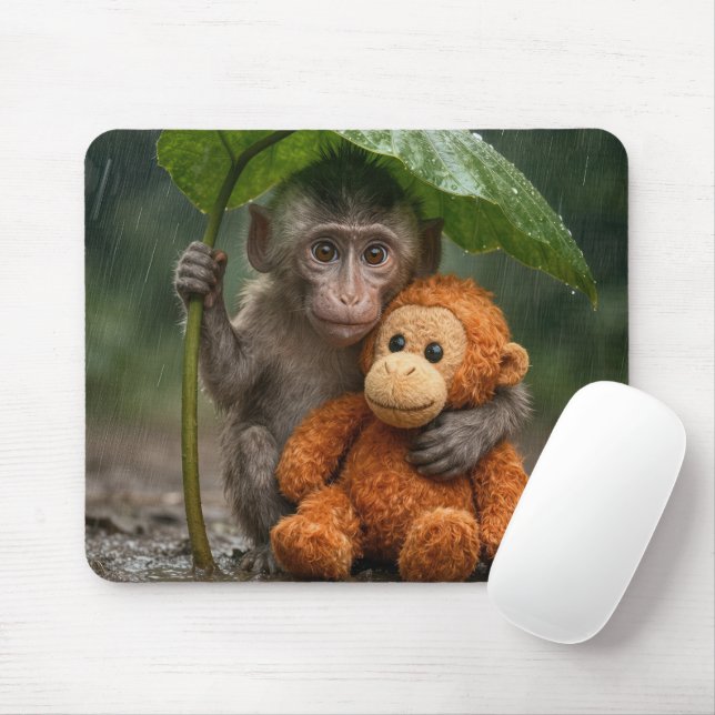 Tapis De Souris Macaque Monkey with a Stuffed Orangutan (Avec souris)