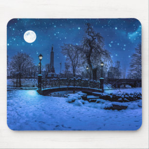 Tapis De Souris Magique nuit d'hiver avec ciel étoilé et pleine lu