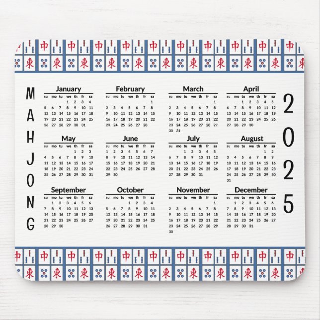 Tapis De Souris Mahjong Jeu Tiles 2025 Calendrier Mousepad (Devant)