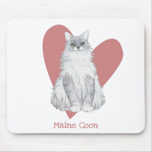Tapis De Souris Maine Coon Chat Aquarelle Kitty Coeur rose