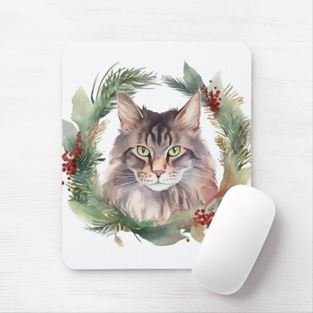 Tapis De Souris Maine Coon Chat Noël Wreath Festive Kitten (Avec souris)