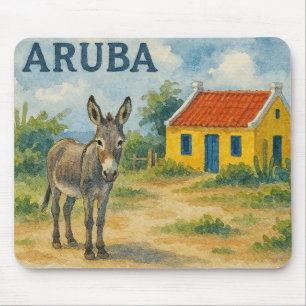 Tapis De Souris Maison cunucu jaune d'Aruba avec âne aquarelle