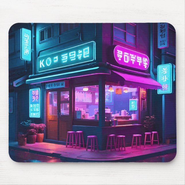 Tapis De Souris Maison de café néon coréenne LoFi Art  (Devant)