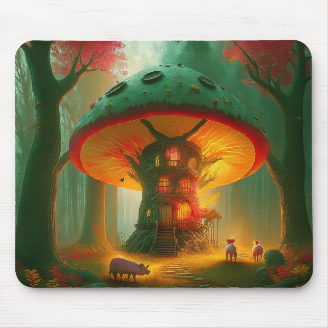 Tapis De Souris Maison de champignon fantastique avec des cochons (Devant)