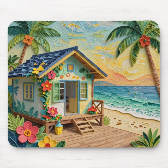 Tapis De Souris Maison de plage Art océanique côtier (Devant)