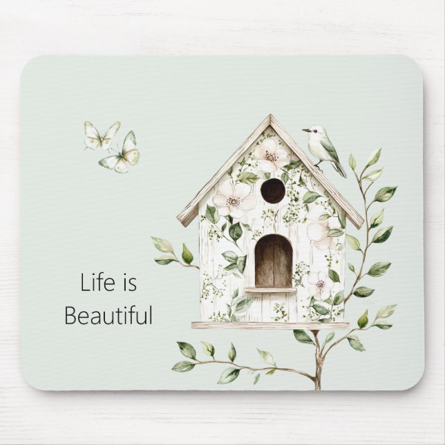 Tapis De Souris Maison d'oiseau verte blanche Feuilles Fleurs Papi (Devant)