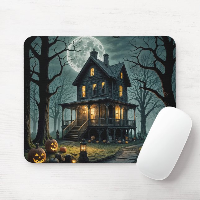 Tapis De Souris Maison hantée d'Halloween avec des citrouilles Jac (Avec souris)