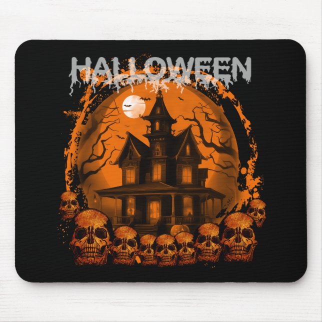 TAPIS DE SOURIS MAISON HANTÉE ÉPOUVANTABLE D'HALLOWEEN CRÂNES (Devant)